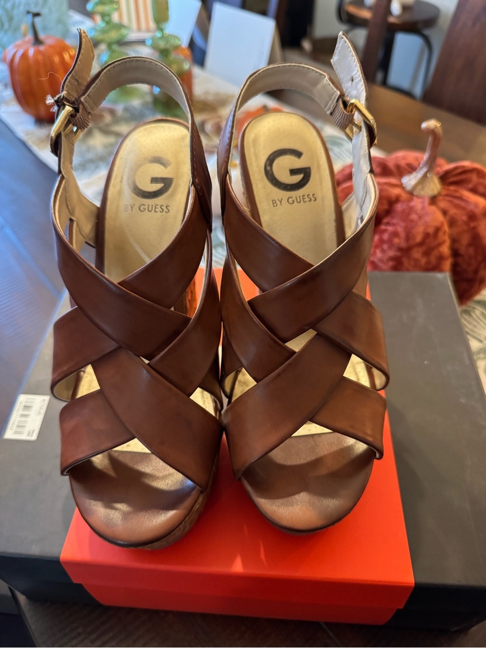 G by Guess Brown Leather Crisscross Wedge Sandals